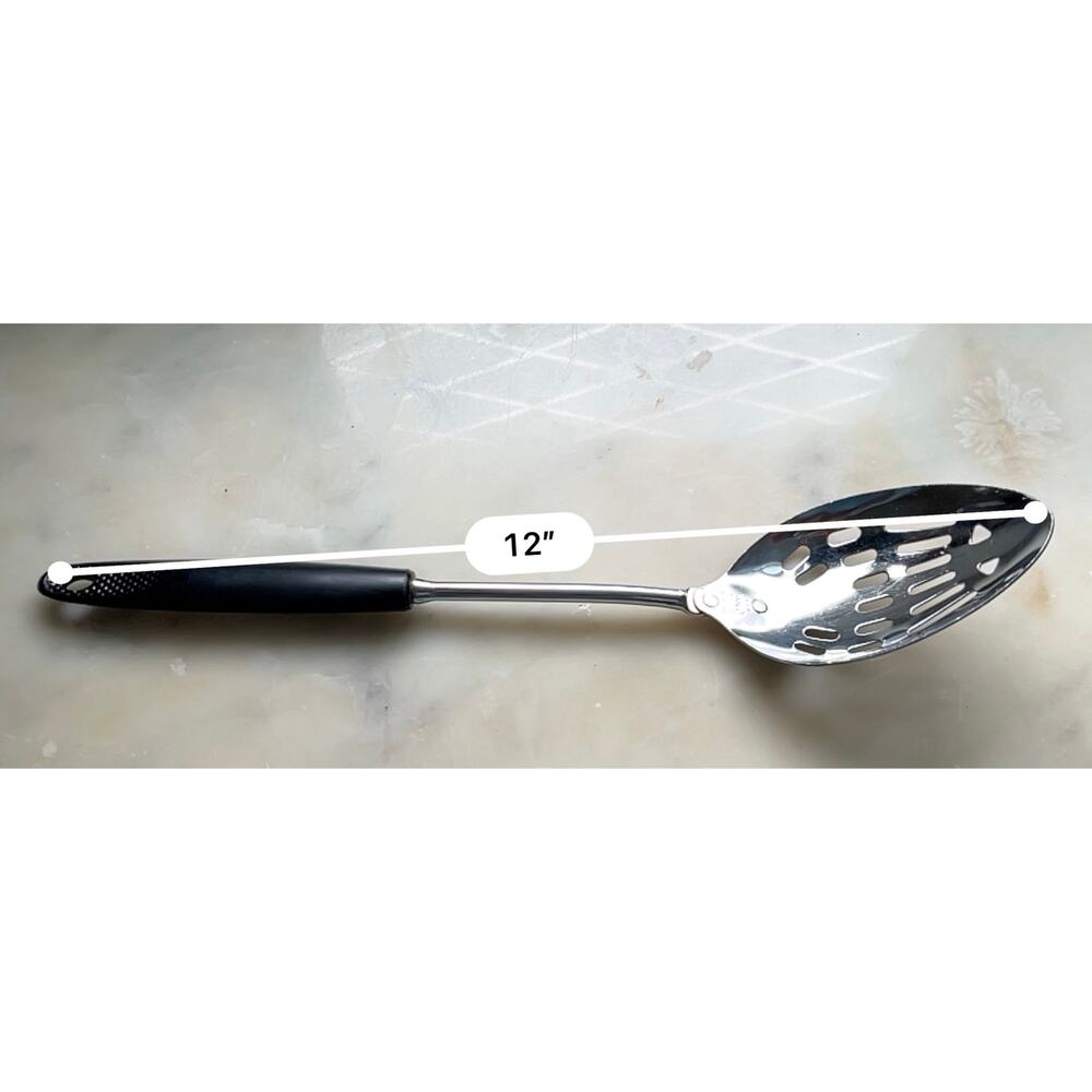 Vintage EKCO Slotted Serving Spoon Stainless USA Black Handle MCM 12”